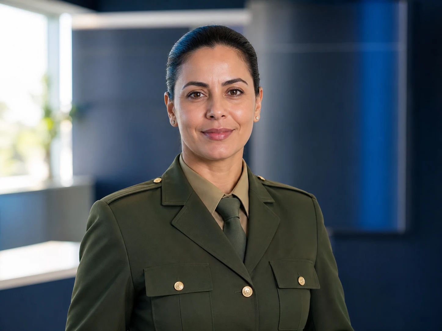 Militar brasileira do Exército em uniforme formal verde-oliva