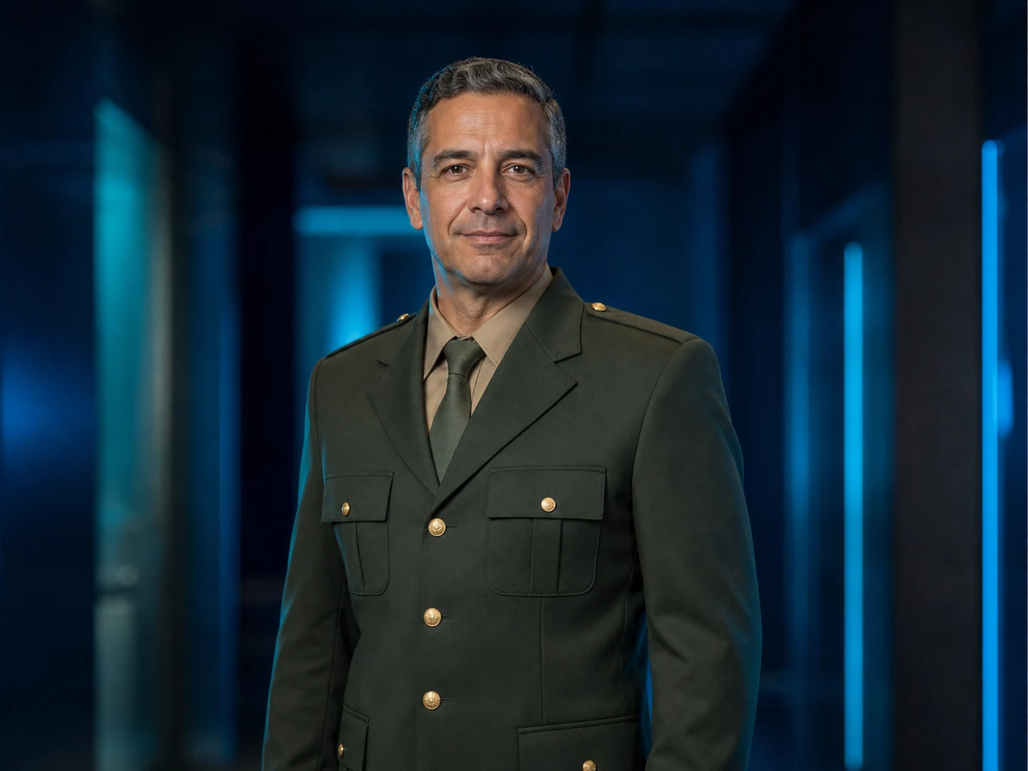 Militar experiente do Exército em uniforme formal verde-oliva